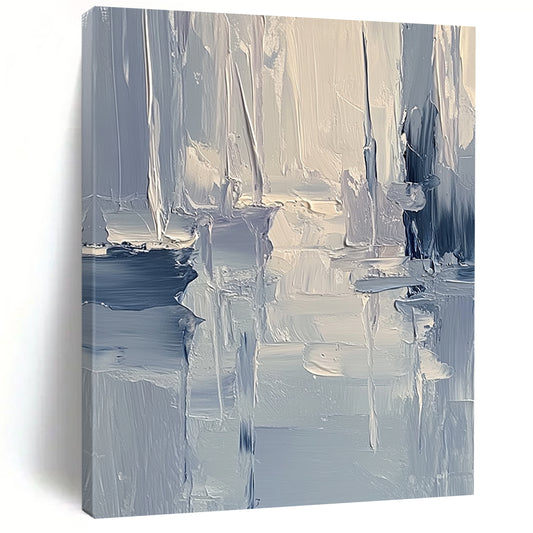 Large contemporary abstract painting featuring textured layers of blue and gray tones with soft lighting reflecting a serene coastal landscape. DLZ0352