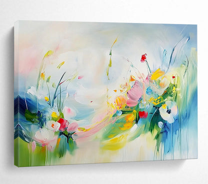 “Colorful Floral Breeze” - Pink, Yellow, Blue, Whimsical Flowers and Sky Painting On Canvas HB0937
