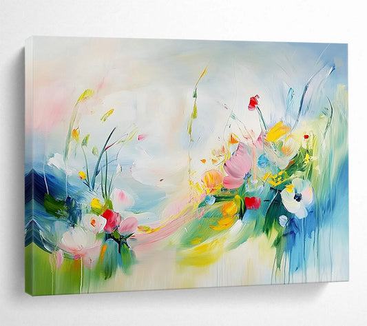 “Colorful Floral Breeze” - Pink, Yellow, Blue, Whimsical Flowers and Sky Painting On Canvas HB0937