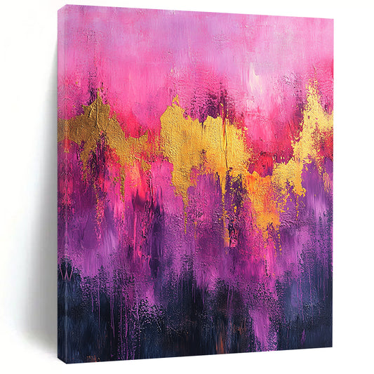 Contemporary abstract artwork featuring vibrant pink and purple tones with gold accents and dynamic splatter drips on textured canvas. DLZ0909