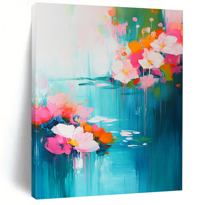 Contemporary abstract artwork featuring vibrant pink and turquoise flowers with serene water lilies, evoking springtime essence through soft brushstrokes and depth. DLZ0378
