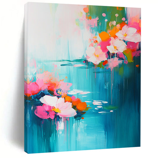 Contemporary abstract artwork featuring vibrant pink and turquoise flowers with serene water lilies, evoking springtime essence through soft brushstrokes and depth. DLZ0378