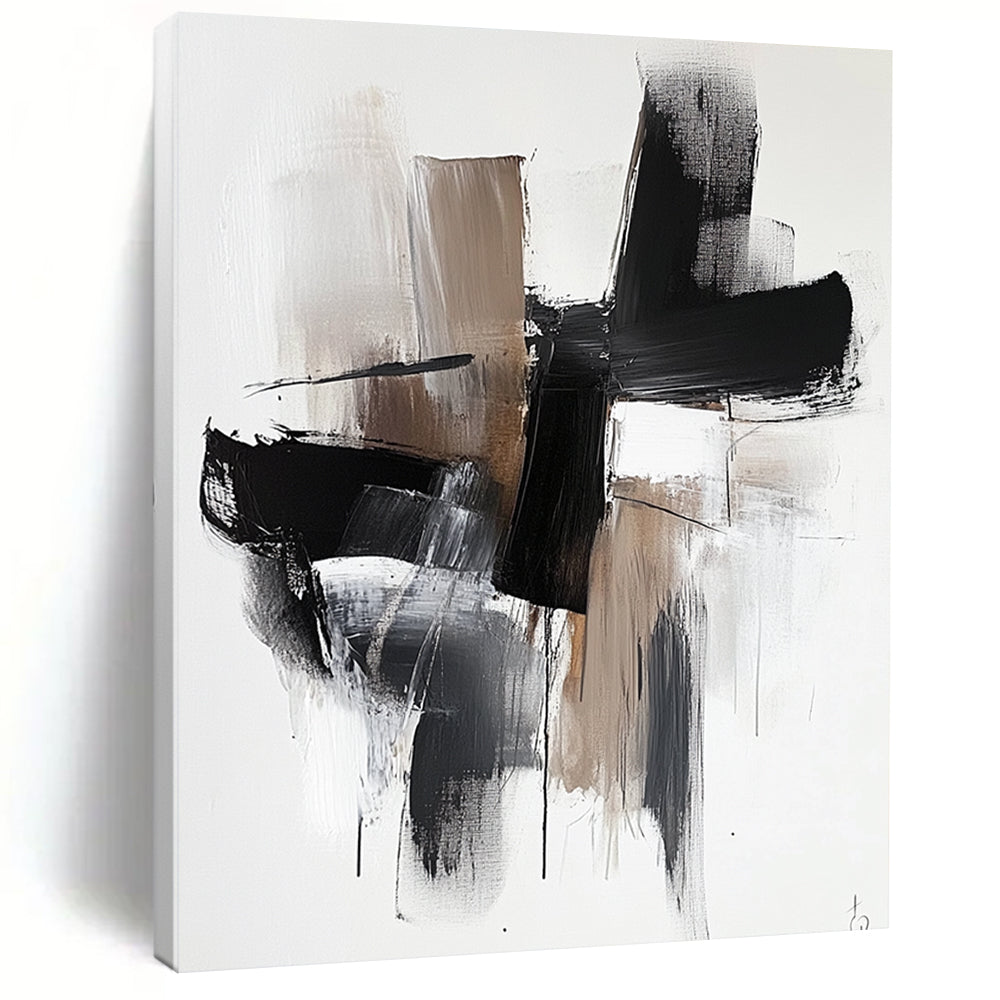 Contemporary hand-painted abstract art features bold black shapes with brown tones and white highlights on a minimalist background for a striking visual impact. DLZ0315