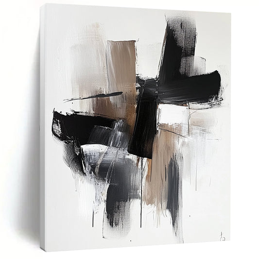 Contemporary hand-painted abstract art features bold black shapes with brown tones and white highlights on a minimalist background for a striking visual impact. DLZ0315