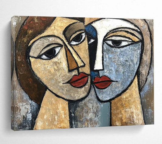 “Two Faces In Cubism” - Beige, Blue, Brown, Cubist Figurative Painting On Canvas HB0681