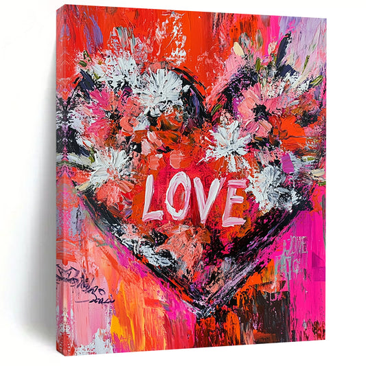 Vibrant contemporary abstract painting featuring oversized floral heart and dynamic brushstrokes with engaging text LOVE in bold reds pinks and whites. DLZ1494