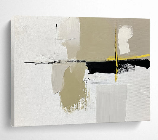 “Abstract Minimalist Shapes” - White, Beige, Black, Yellow, Geometric Abstract Painting On Canvas HB0958