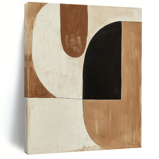 Large contemporary hand-painted abstract artwork featuring minimalist shapes in earth tones and a striking black shape. DLZ1135