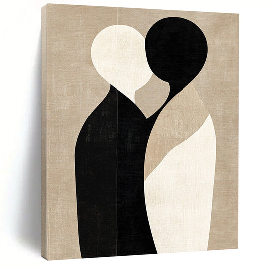 Large contemporary abstract art featuring minimalist shapes in black and beige, embracing forms on a textured light brown background. DLZ1464
