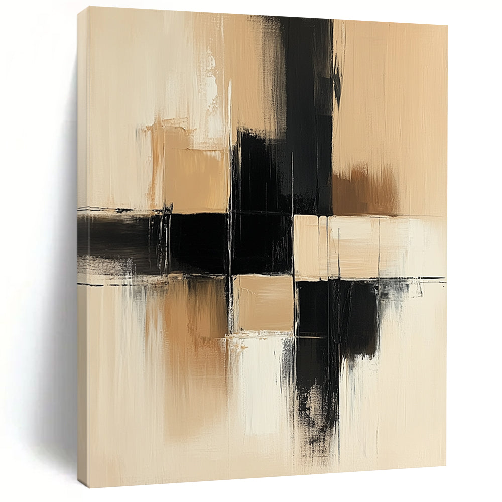 Contemporary hand-painted abstract art featuring thick brush strokes in a beige and black palette with large geometric shapes on a neutral canvas texture. DLZ0549