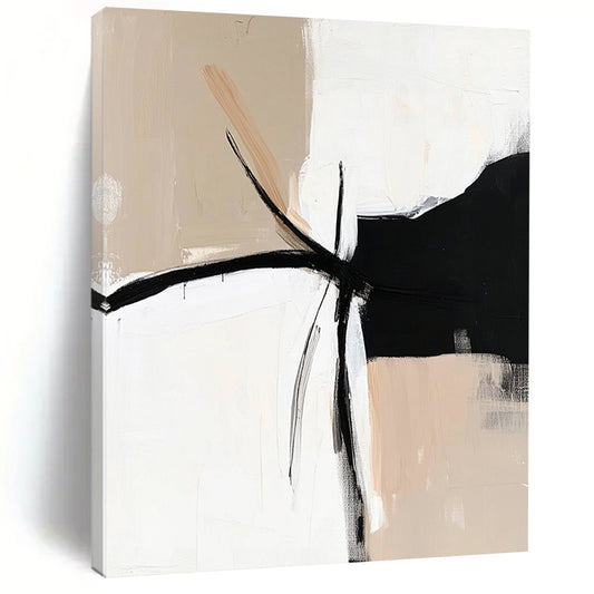 Contemporary hand-painted abstract artwork in black, white, and beige, featuring a minimalist design with an elegant bohemian feel. DLZ0320