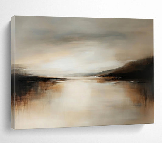 “Neutral Water Mirror” - Warm Beiges, Browns, and Muted Grays, Calm Water Reflecting a Subtle Sky Painting On Canvas HB0913