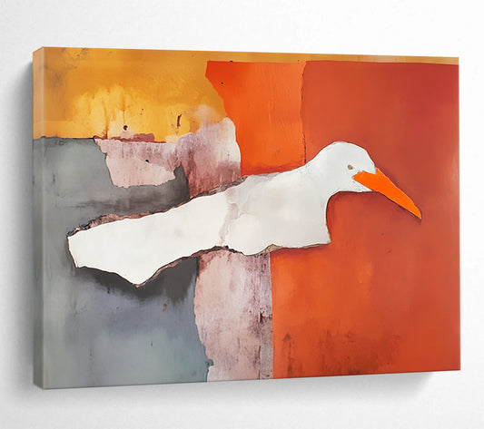 “Collage Bird” - Orange, gray, purple, white; Abstract bird collage; Mixed Media Painting On Canvas HB1209