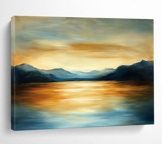 “Mountain Lake Sunset” - Blues, Oranges, Golds, Lake Surrounded by Mountains at Sunset - Acrylic Painting HB1608