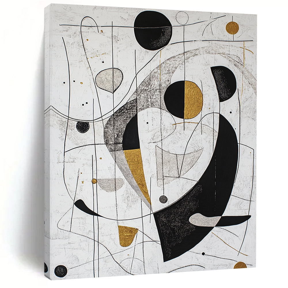 White, Black, Gold, Silver, Geometric Swirls "Gilded Geometry" Abstract Modernist Painting On Canvas HB089
