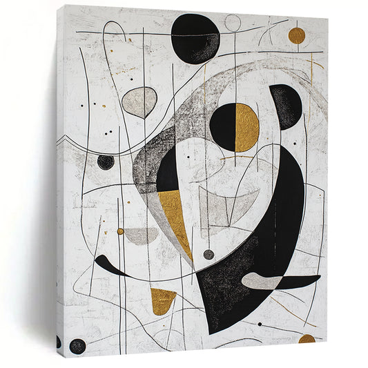 White, Black, Gold, Silver, Geometric Swirls "Gilded Geometry" Abstract Modernist Painting On Canvas HB089