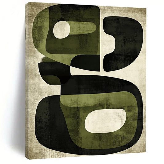 Contemporary hand-painted abstract art features organic shapes in olive green and black with a textured retro design reflecting mid-century modern aesthetics. DLZ0500