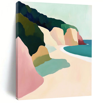 Contemporary hand-painted abstract artwork depicting Big Sur cliffs and beach, featuring a pastel palette and soft brushstrokes emphasizing light and form. DLZ1109
