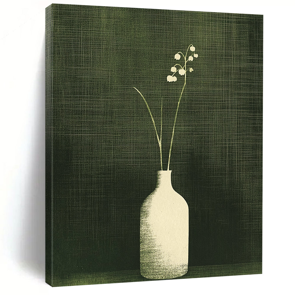 Large contemporary abstract artwork featuring lily of the valley in a textured monochrome design with a dark green background and simple vertical lines. DLZ1589