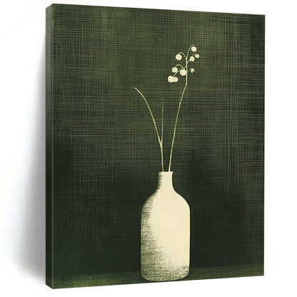 Large contemporary abstract artwork featuring lily of the valley in a textured monochrome design with a dark green background and simple vertical lines. DLZ1589