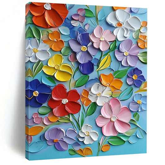 Vibrant contemporary hand-painted abstract artwork featuring blooming flowers in bold colors with textured strokes on a light blue canvas. DLZ1493