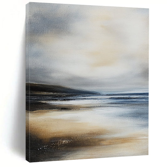 Contemporary hand-painted abstract art featuring a serene beach landscape with muted gray-blue and beige colors evoking tranquility and coastal essence. DLZ0283