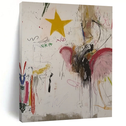 Large contemporary hand-painted abstract artwork featuring an angel with vibrant colors whimsical designs and a yellow star on a white background. DLZ0858