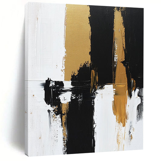 Contemporary hand-painted abstract artwork features bold brush strokes and rich textures in black, white, and gold tones on canvas. DLZ0495