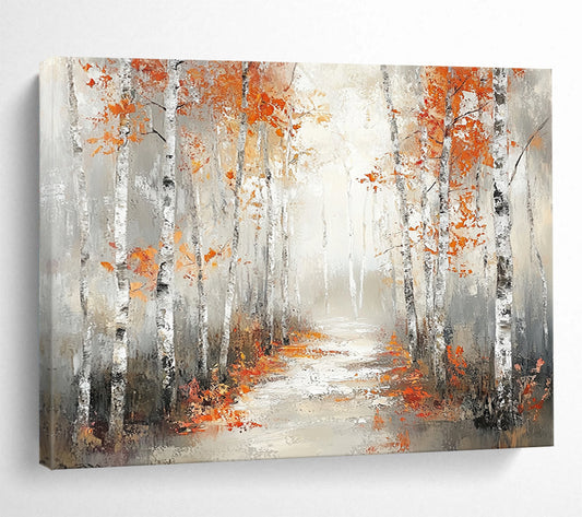 “Autumn Birch Pathway” - Orange, Gray, Birch Trees, Forest Path - Impressionist Landscape Painting HB1683