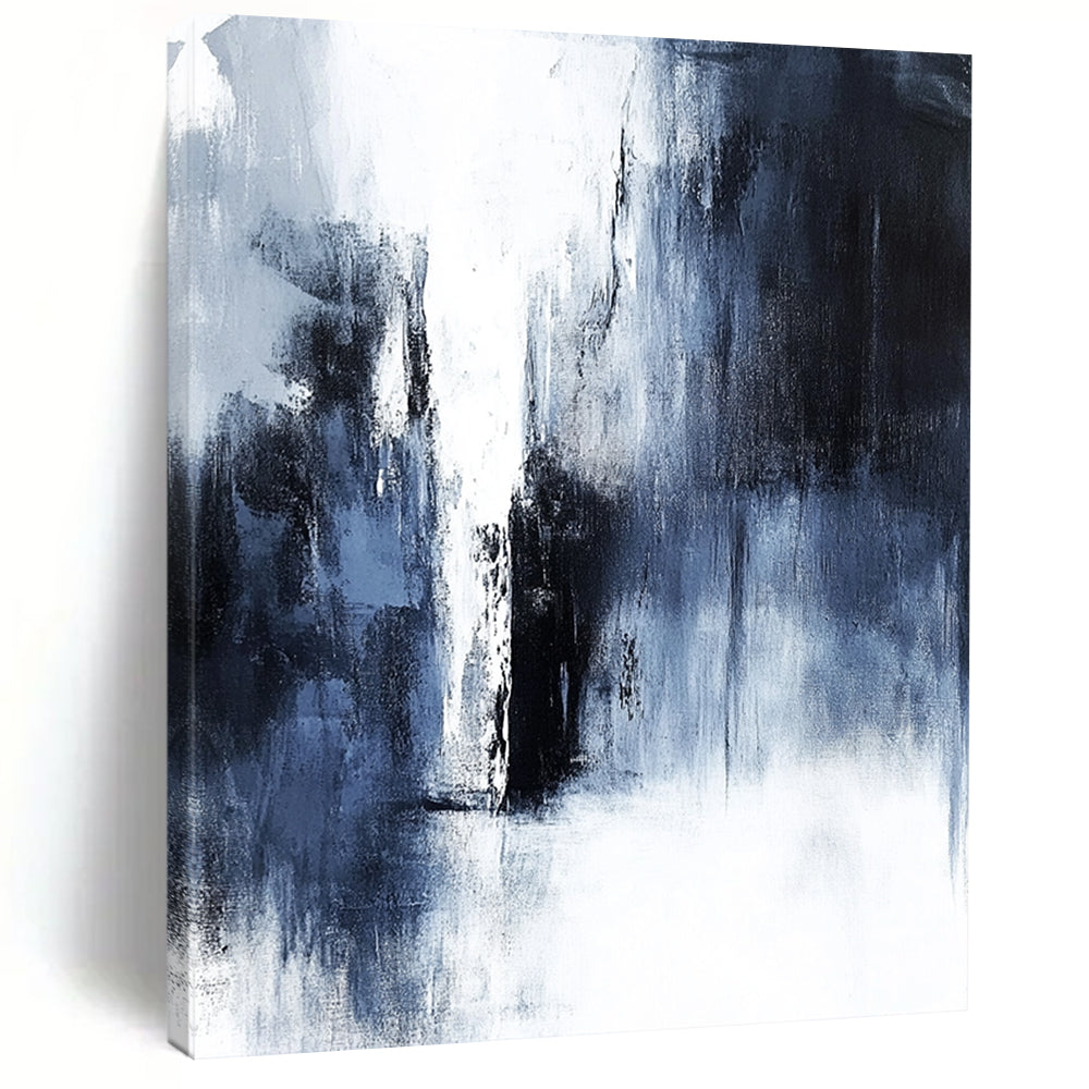 Contemporary abstract painting features dark gray and white tones, minimalist style, heavy textures, and emotional depth, showcasing a distant waterfall. DLZ0704