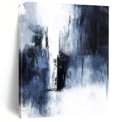 Contemporary abstract painting features dark gray and white tones, minimalist style, heavy textures, and emotional depth, showcasing a distant waterfall. DLZ0704