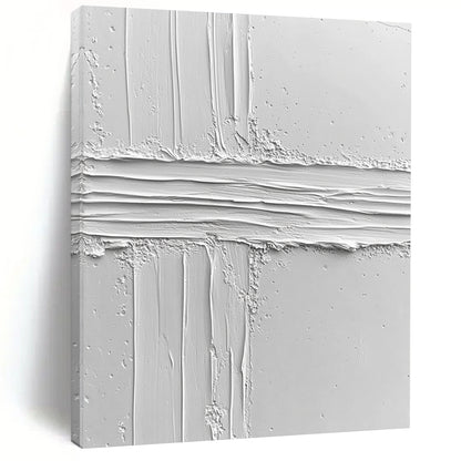 Contemporary abstract art featuring a textured white surface with an irregular line, evoking calmness and minimalism through its impasto technique and clean design. DLZ1261