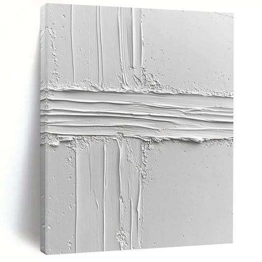 Contemporary abstract art featuring a textured white surface with an irregular line, evoking calmness and minimalism through its impasto technique and clean design. DLZ1261