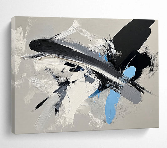 “Dynamic Black - Gray - Blue Brushstrokes” - Black, Gray, Blue, White, Energetic Strokes Painting On Canvas HB0811