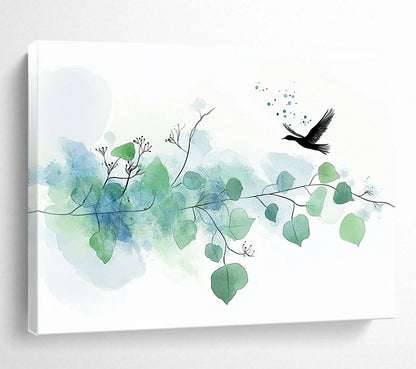 “Delicate Bird & Branches” - Green, Blue, Bird, Branches Painting On Canvas HB0762