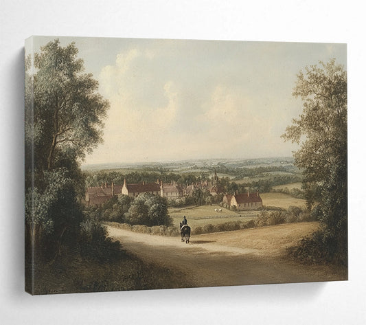“Village Path with Rider” - Earthy tones, village scene, rider on path, Landscape Painting On Canvas HB0595