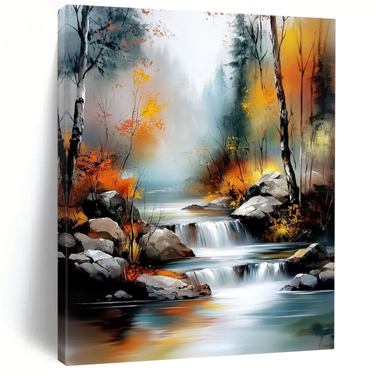 Contemporary abstract landscape featuring a tranquil river amid an autumn forest with misty hues and vibrant light effects in a digital watercolor style. DLZ1128
