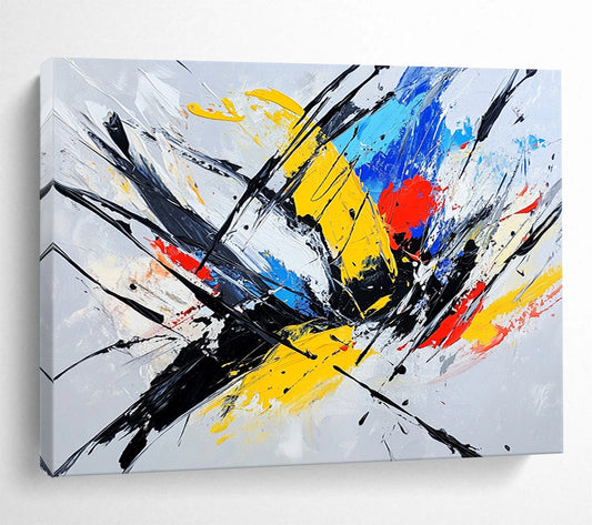 “Dynamic Color Splashes and Black Strokes” - Yellow, blue, red, black, white; Energetic color splashes with bold black strokes; Expressive Acrylic Painting On Canvas HB1201