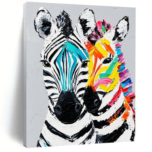 Contemporary hand-painted abstract artwork featuring two vibrant zebra heads with textured fur details against a gray background. DLZ1231
