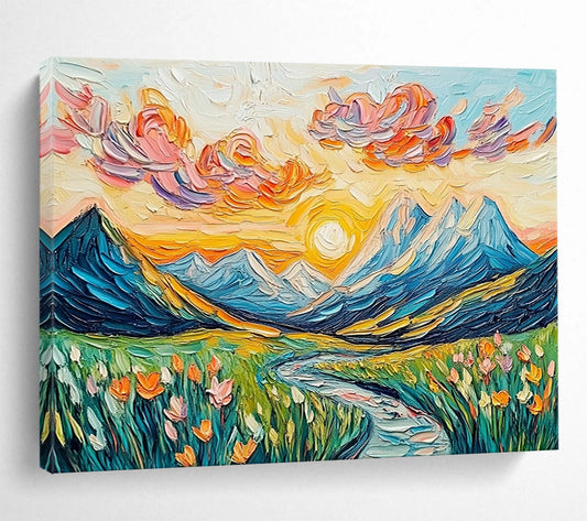 “Sunset Mountain Valley” - Colorful, Mountain, River, Flowers Painting On Canvas HB0746