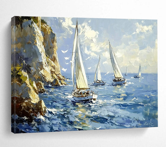 Blue, White, Yellow and Green Seascape with Sailboats "Sailing Serenity" Painting On Canvas HB0661