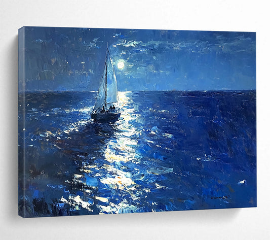 “Moonlit Sail on the Ocean” - Deep Blues, Silvers, Whites, Sailboat on Moonlit Sea - Luminist Oil Painting HB1695