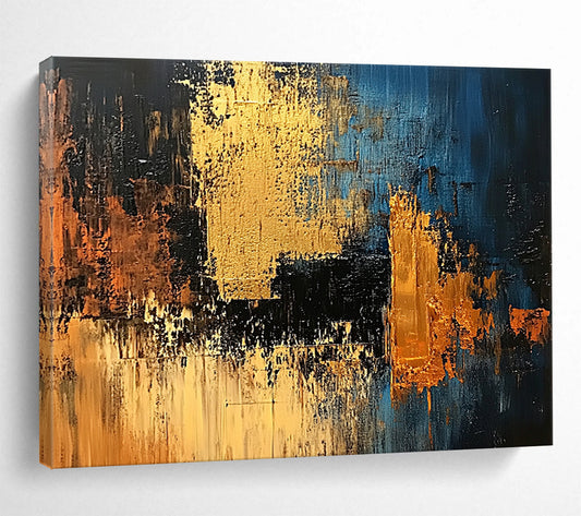 “Blue Gold Abstract” - Blue, black, gold, orange; Textured geometric abstract; Acrylic Painting On Canvas HB1212