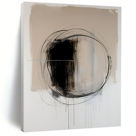 Contemporary hand-painted abstract artwork featuring a black oval with dynamic brush strokes on a serene light beige background. DLZ1010