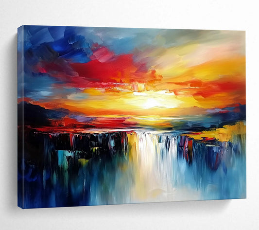 Vibrant Sunset Waterfall in Bold Colors - Expressive Abstract Landscape Painting On Canvas HB0437