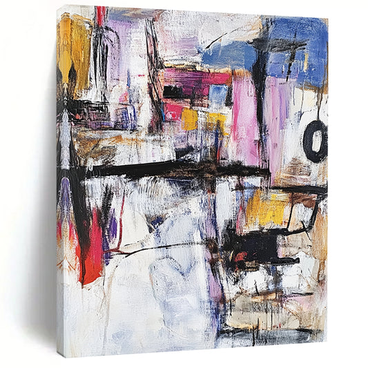 Contemporary abstract painting featuring vibrant shapes and textures in diverse colors, created with thick brush strokes and palette knife techniques in oil. DLZ0588