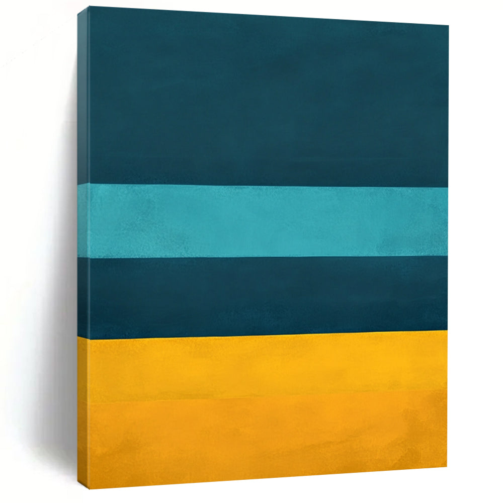 Contemporary hand-painted abstract artwork featuring deep blue teal and yellow horizontal stripes inspired by Rothko's color fields. DLZ0684