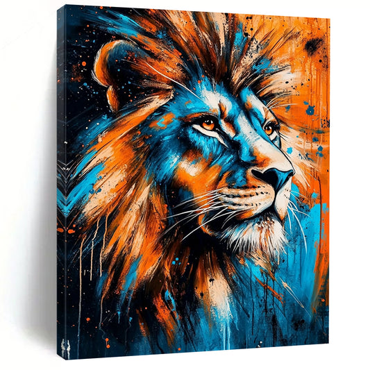 Contemporary abstract painting featuring a lion with piercing eyes in vibrant blue and orange symbolizing strength and the wild beauty of nature. DLZ1303