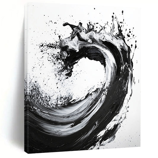 Black, White, Cascading Ink Splash "Ink Cascade" Abstract Expressionist Painting On Canvas HB135