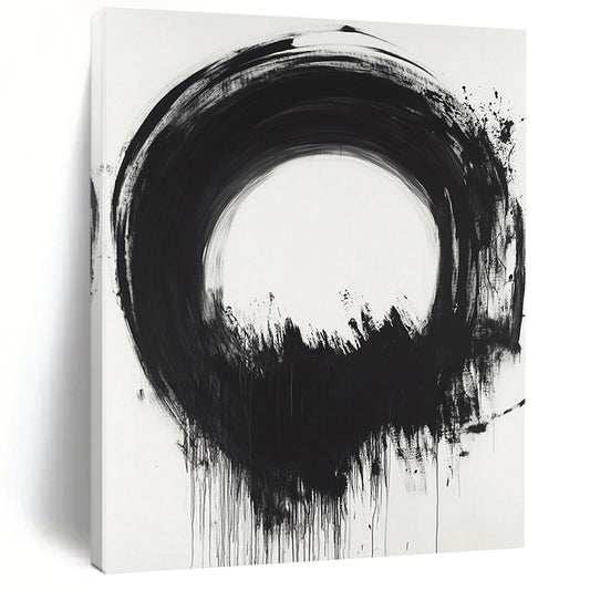 Black Circular Brushstroke with Dripping Paint - “Melting Enso” Painting On Canvas HB247